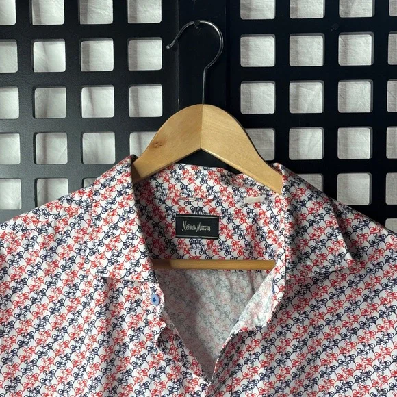 ❤️ Neiman Marcus Red Blue Bike Print Button Down Short Sleeve Shirt Men’s XXL ❤️ - Picture 4 of 16